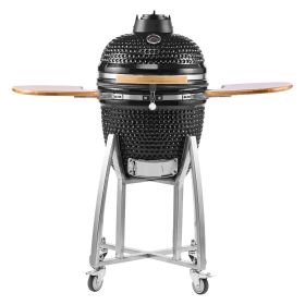 Charcoal Smoker and Grill, 18" Kamado Charcoal BBQ Smoker, Movable Ceramic Barbecue Grill with 4 Wheels (2 Lockable), Built-in Thermometer