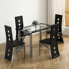 [Same Code: D0102H26NXU] 5 Pieces Dining Table Set for 4, Kitchen Room Tempered Glass Dining Table, 4 Chairs, Black, Table legs are silvery (Option: aspicture)