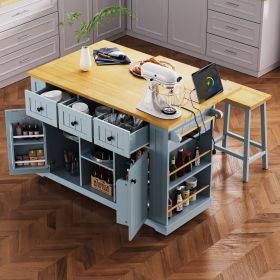 53 inch Large Kitchen Island with Drop Leaf,Power Outlet,Door Internal Storage Rack (Color: Grey-Blue, Material: MDF)